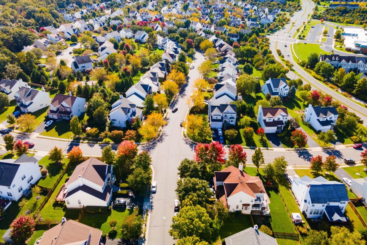 Aerial view of a U.S. residential neighborhood, representing long-term property appreciation and the opportunity to unlock significant equity from real estate held over decades.