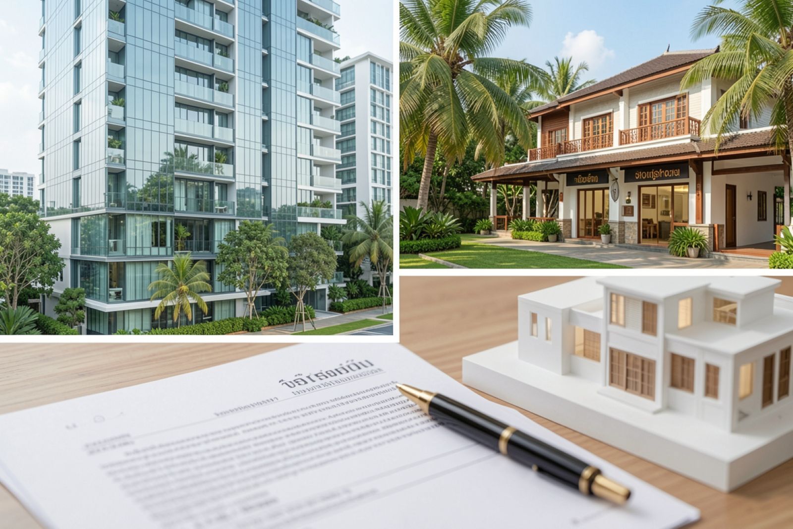 Bangkok condominium, Phuket villa, and commercial shophouse representing different property types eligible for Kai Faak financing