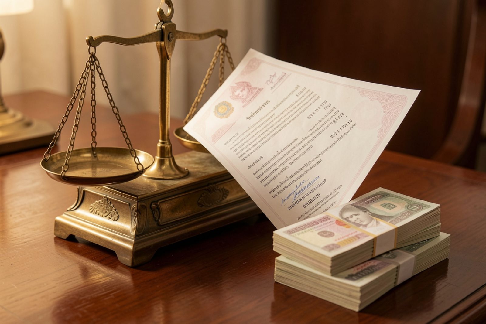 Scale balancing a Thai property title deed against cash representing the risks and rewards of Kai Faak financing