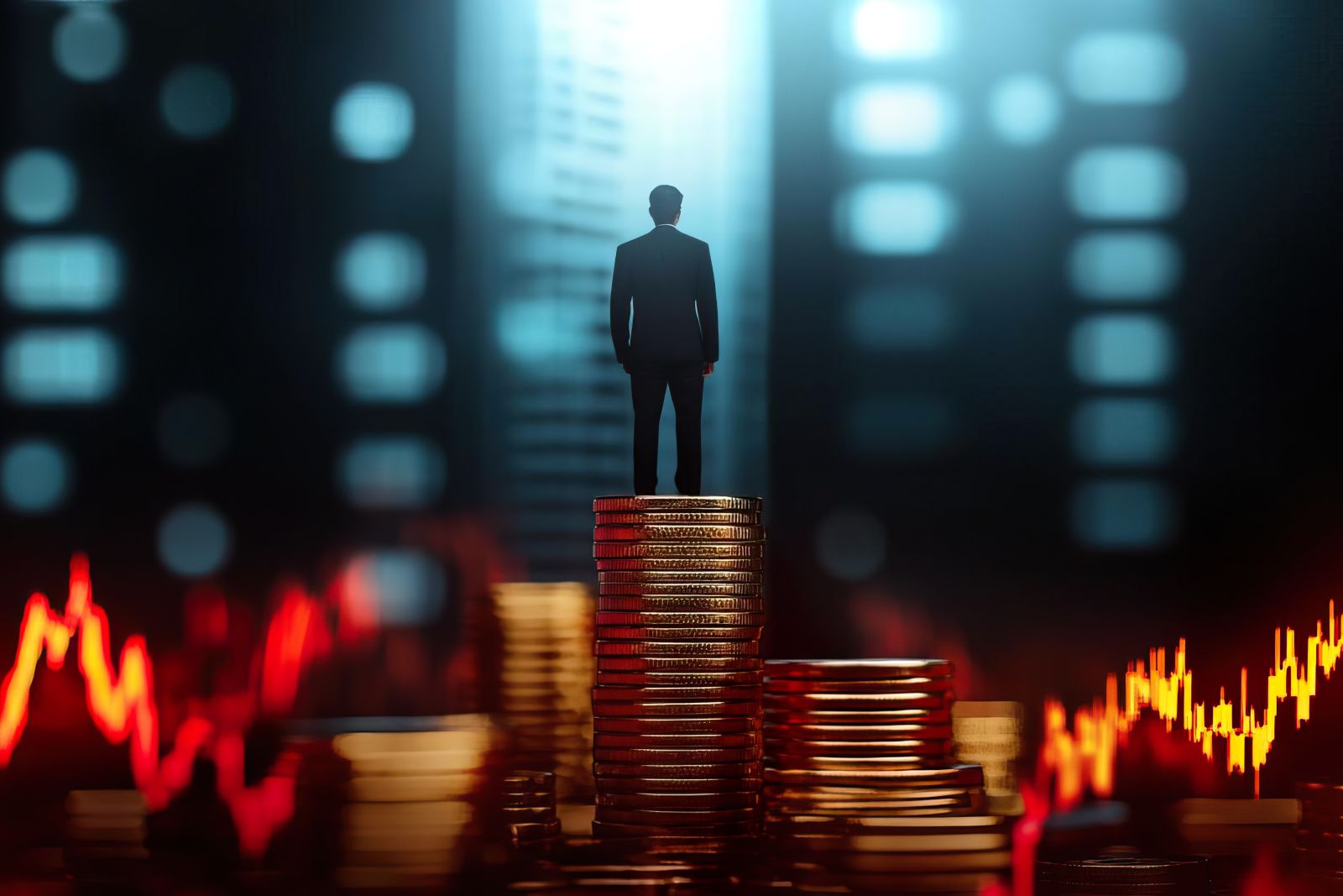 Stacked coins beside a rising market chart representing the opportunity cost of holding idle capital during a market dislocation