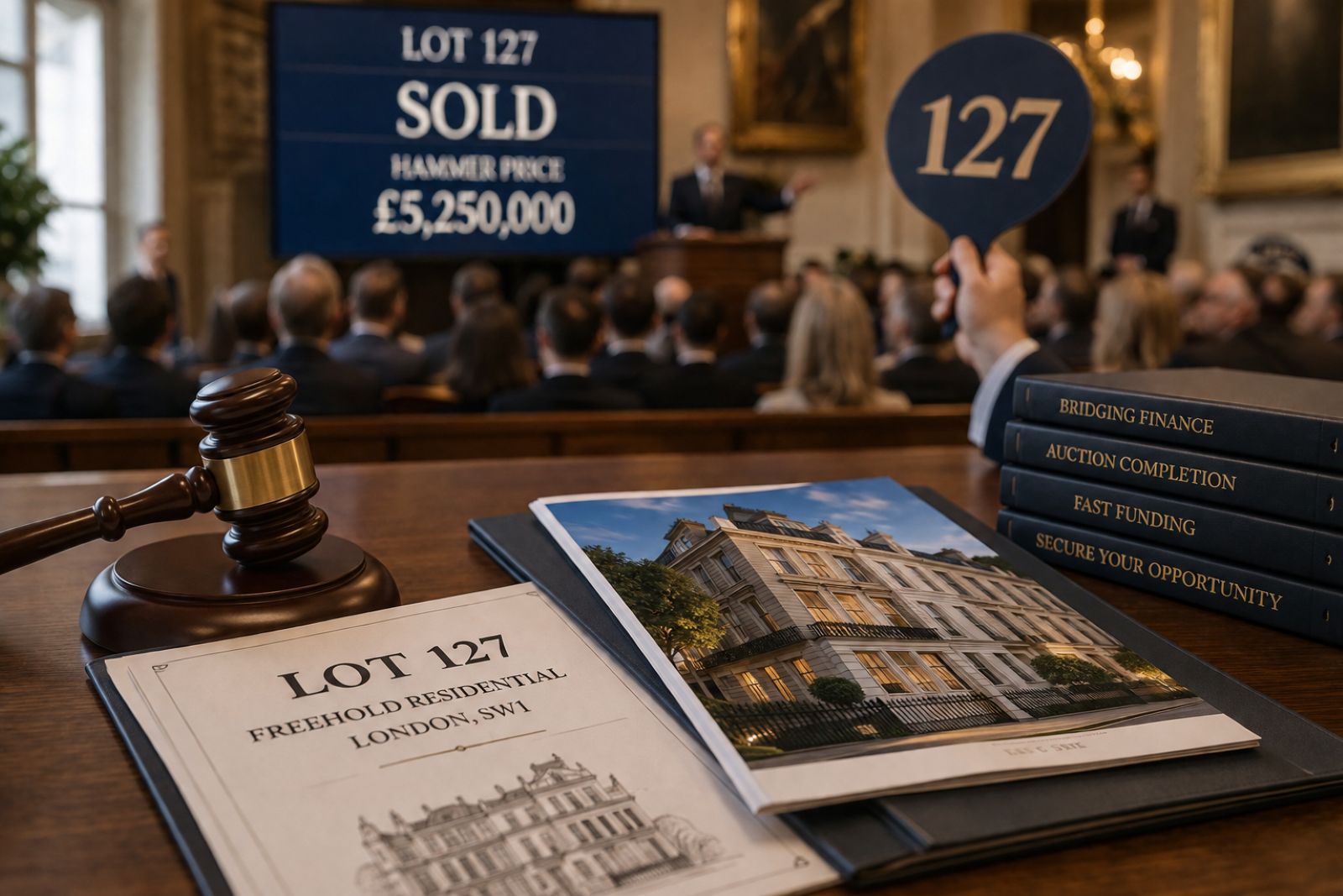 Gavel at a UK property auction representing fast bridging finance for auction buyer completion deadlines