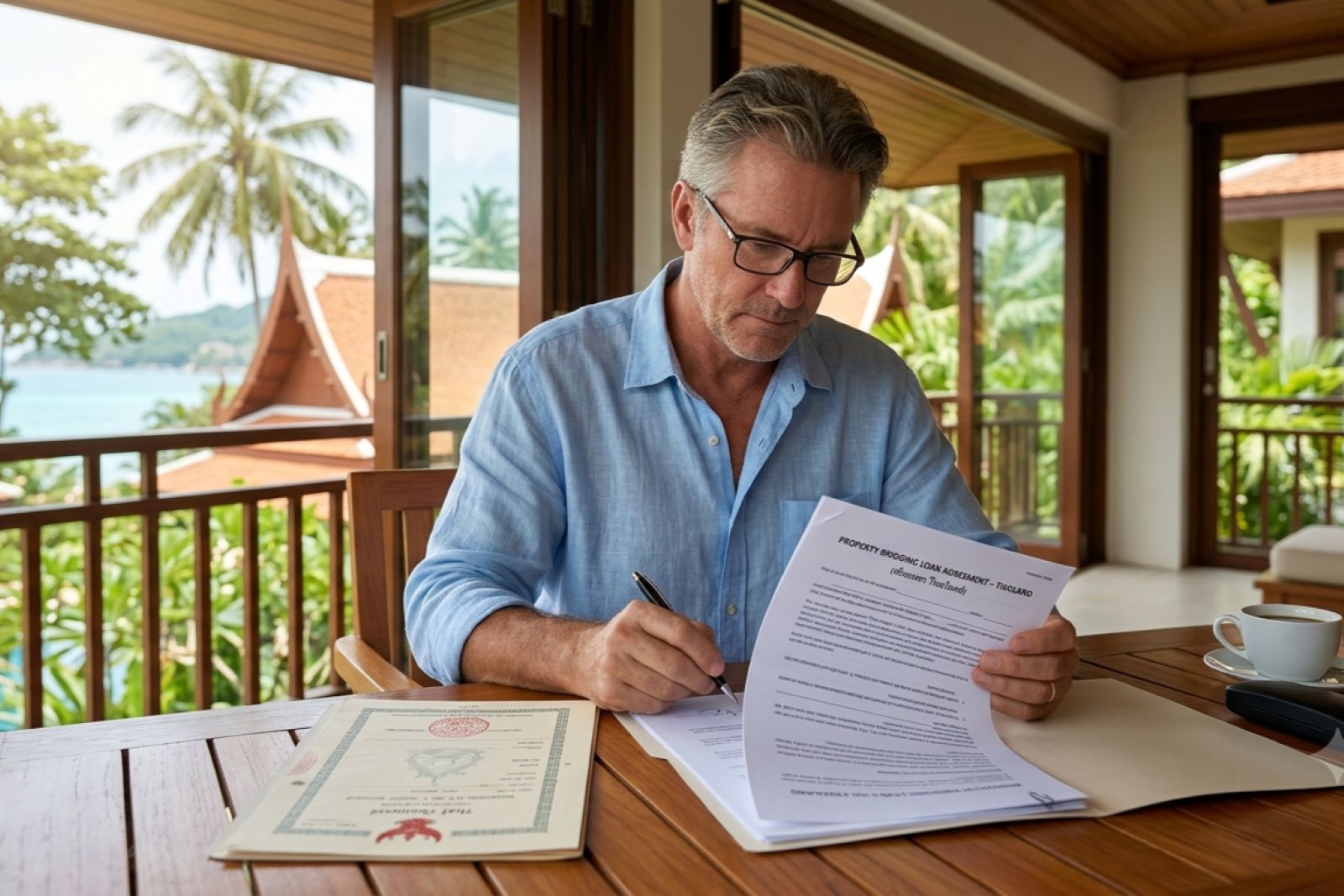 Foreign property owner reviewing a bridging loan agreement secured against Thai real estate