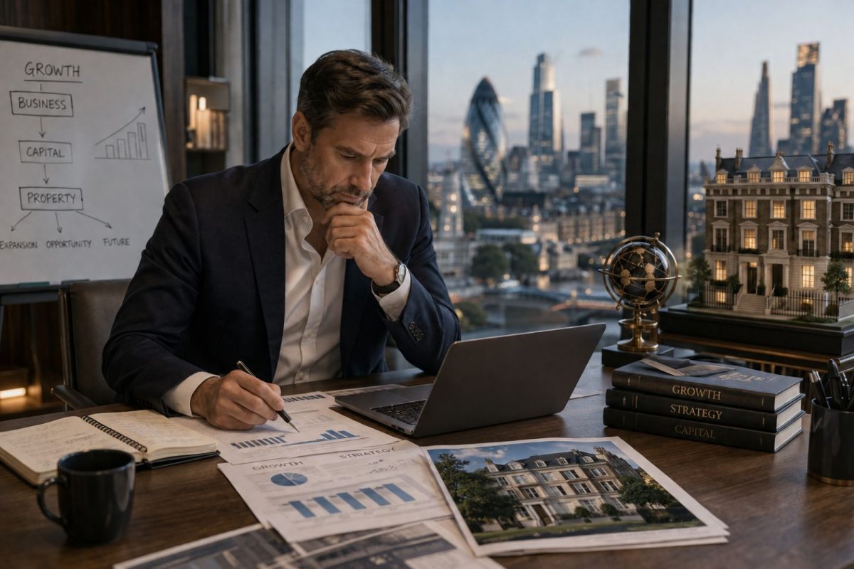 Entrepreneur reviewing growth plans, representing a business owner drawing on UK property to fund an enterprise