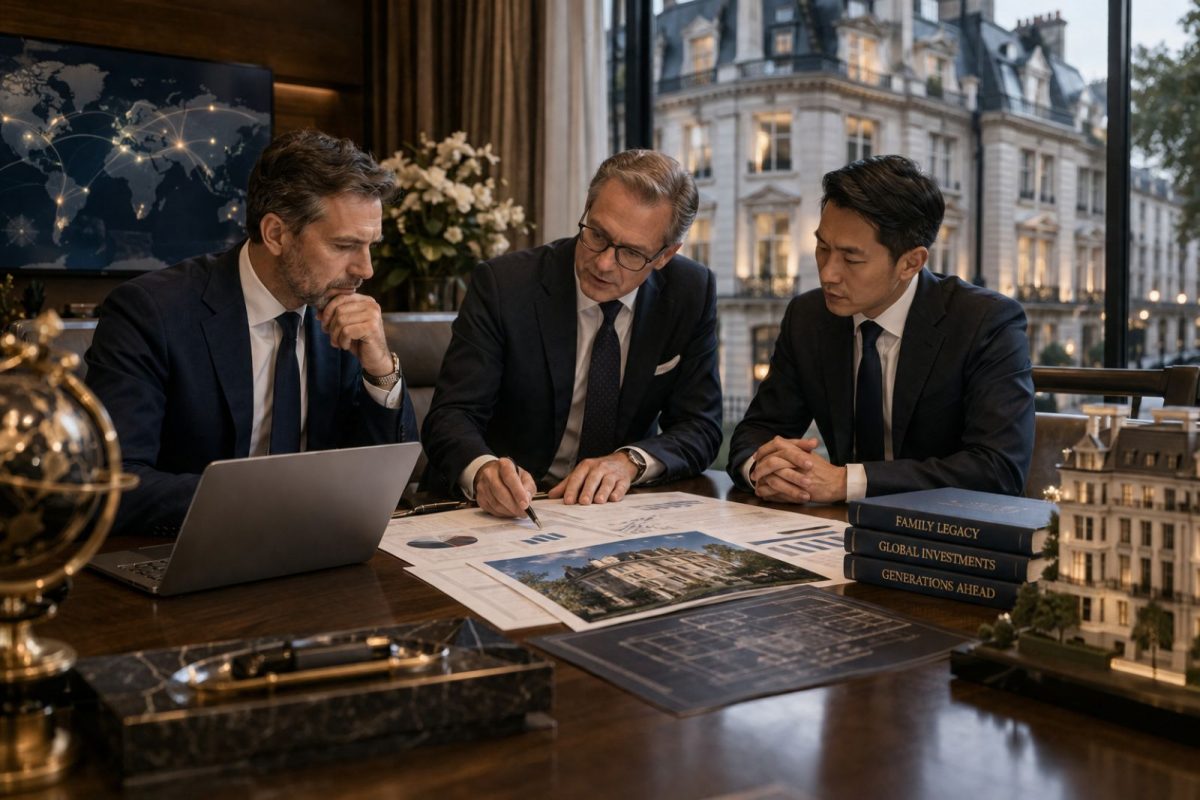 Family office advisers reviewing documents, representing trust-based financing for prime London property