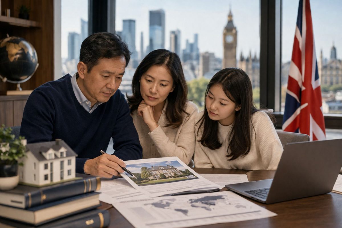 Family reviewing property documents representing cross-border equity release to fund a UK student home