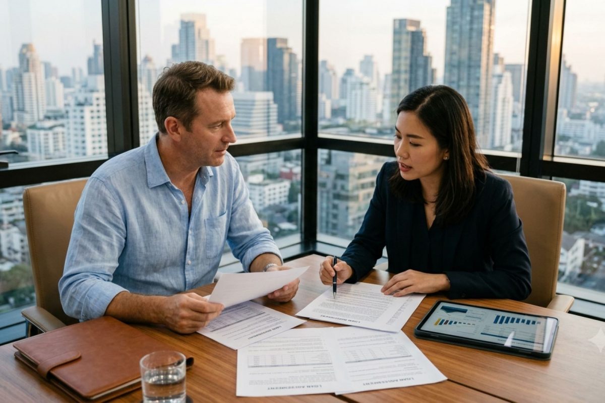 Private lender and foreign property owner reviewing a non-bank financing agreement for Thai real estate