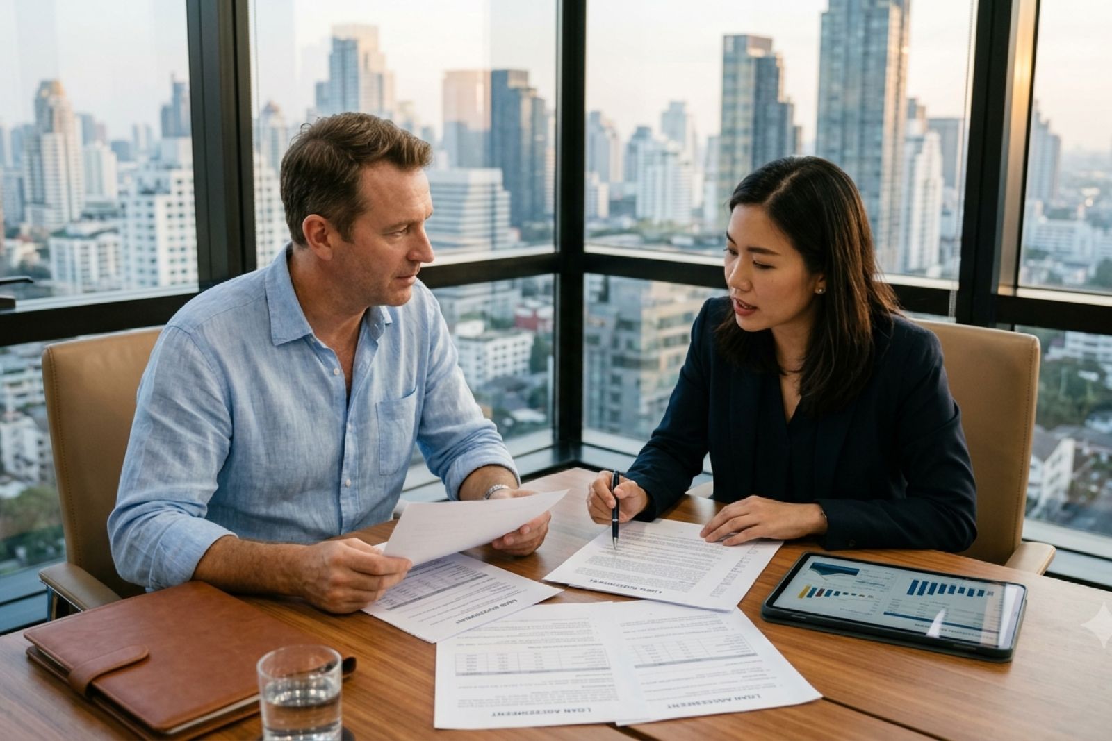 Private lender and foreign property owner reviewing a non-bank financing agreement for Thai real estate