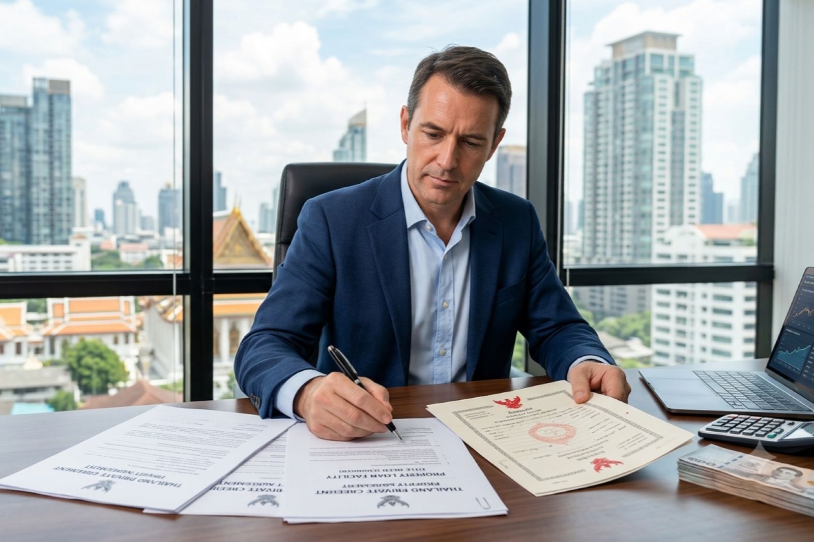 Private credit fund manager reviewing Thai real estate lending documents representing non-bank property finance in Thailand