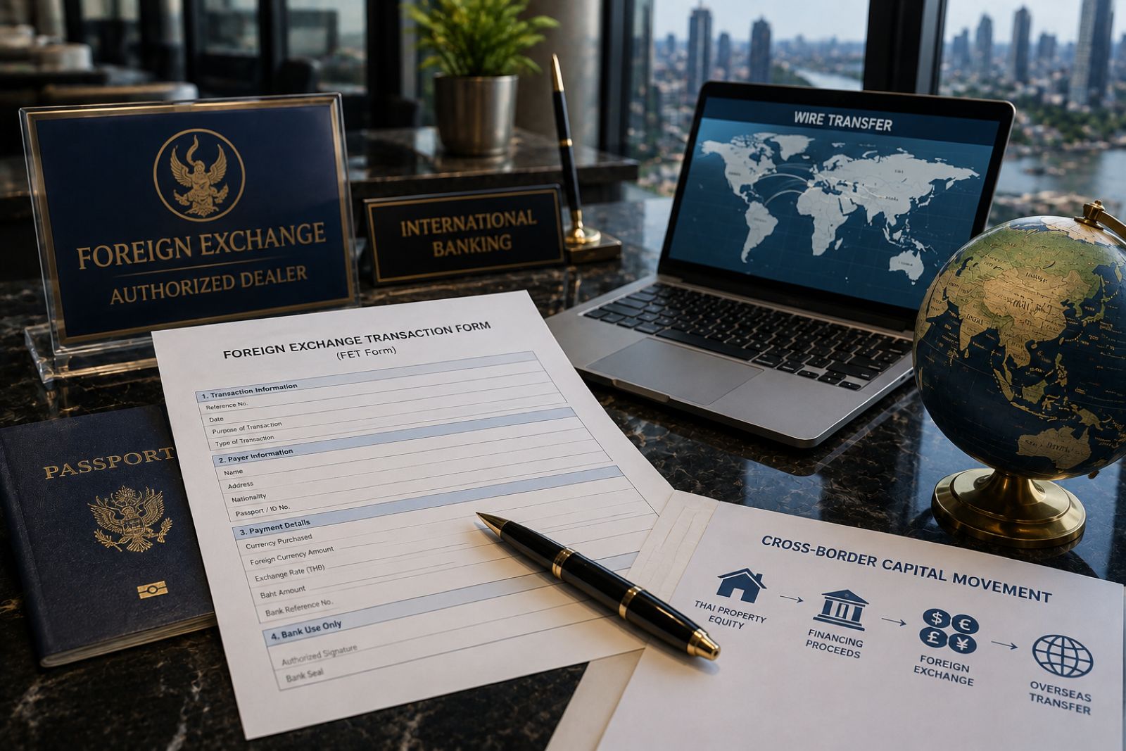 Foreign Exchange Transaction Form documentation at a Thai bank representing capital repatriation for foreign property owners