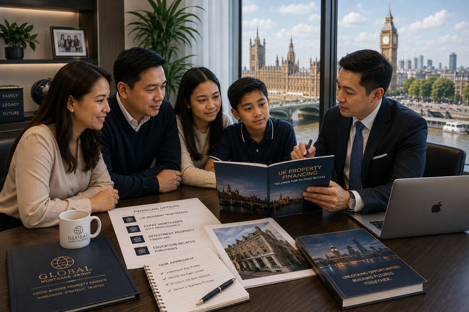 Filipino family reviewing UK property financing options, representing Filipino buyer financing for UK property