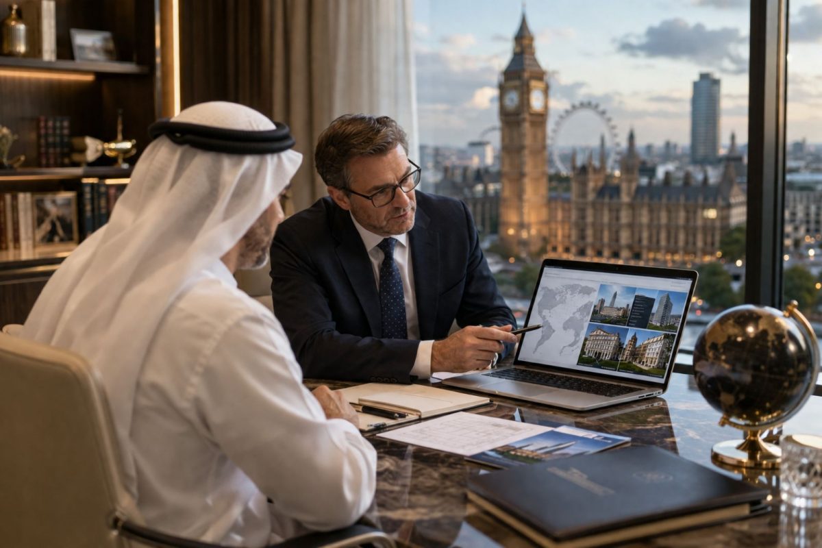 Gulf family office adviser reviewing a London property portfolio, representing GCC buyer financing in prime London