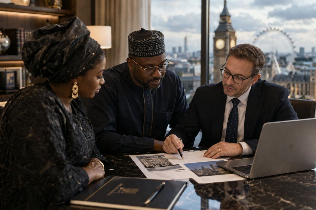 Nigerian family reviewing London property documents, representing Nigerian buyer financing for UK property