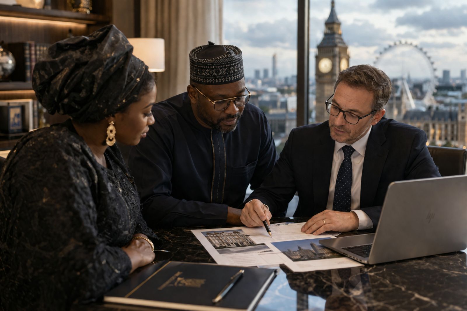 Nigerian family reviewing London property documents, representing Nigerian buyer financing for UK property