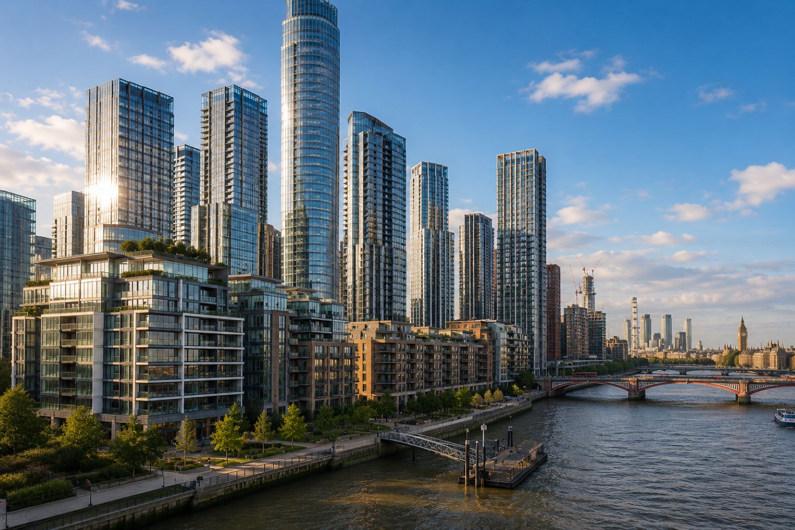 Nine Elms and Vauxhall riverside towers, representing high-supply new-build financing considerations for overseas investors