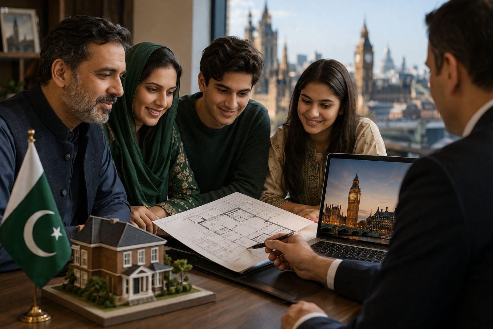 Pakistani family reviewing UK property investment plans, representing Pakistani buyer financing for UK property