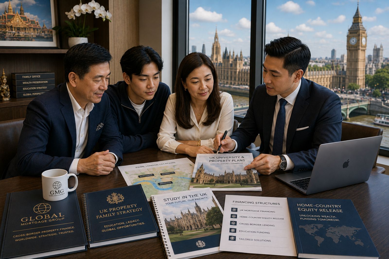 Thai family reviewing UK university and property plans, representing Thai buyer financing for UK property