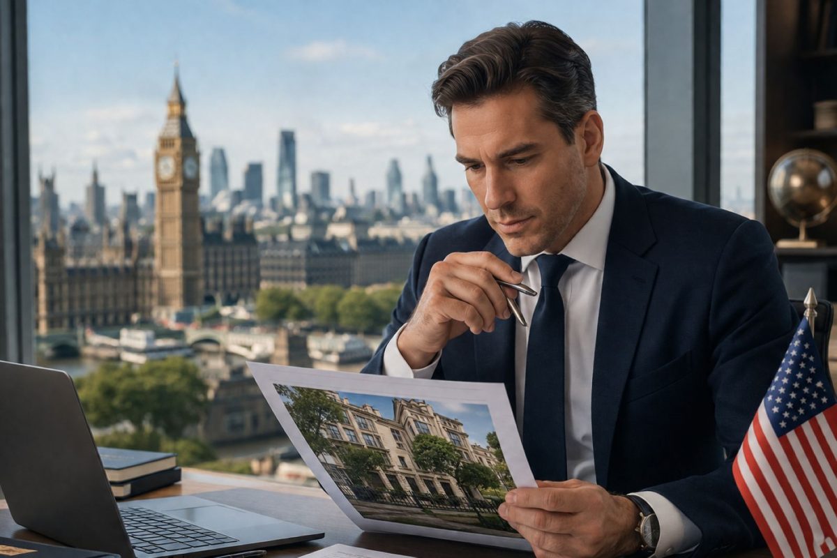 American buyer reviewing London property documents, representing US buyer financing considerations for prime London property