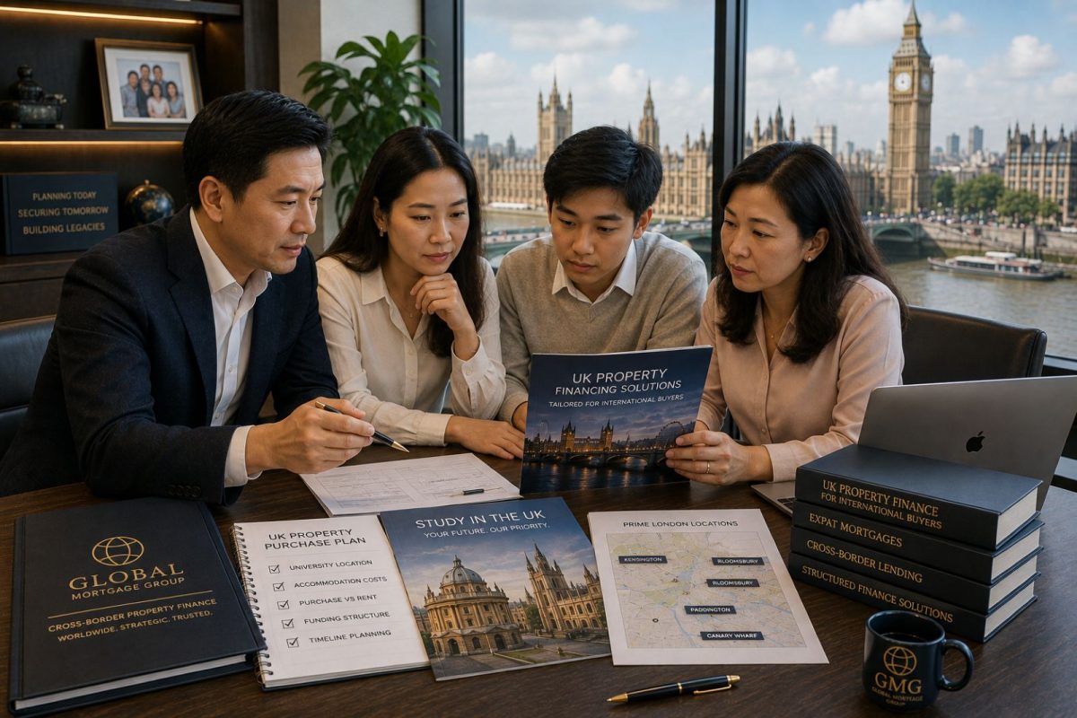 Vietnamese family reviewing UK university and property plans, representing Vietnamese buyer financing for UK property