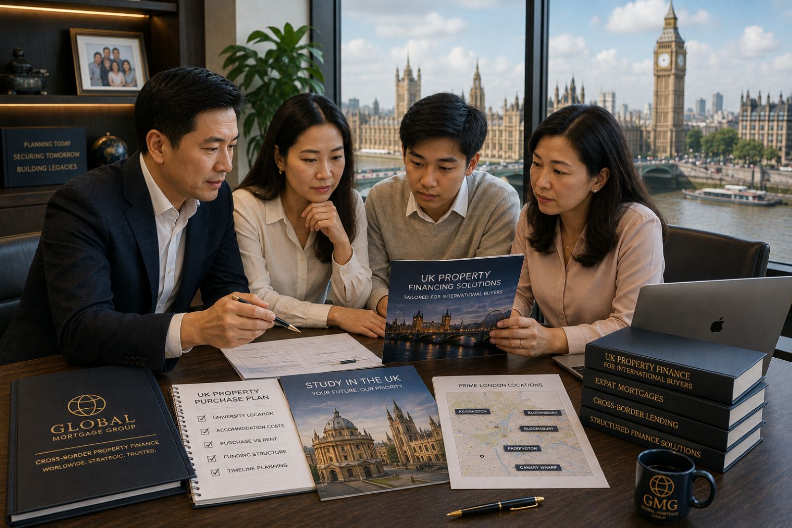 Vietnamese family reviewing UK university and property plans, representing Vietnamese buyer financing for UK property