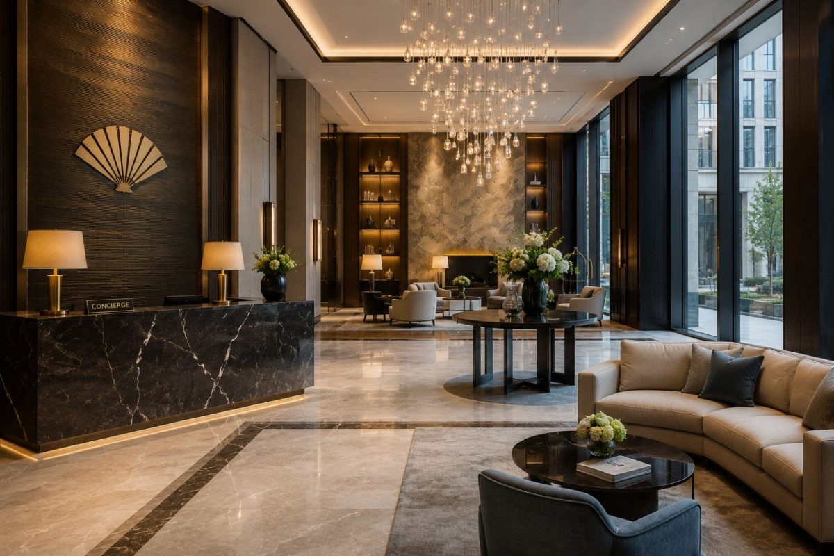 Hotel-branded residence lobby in London, representing branded residences financing and service charge considerations