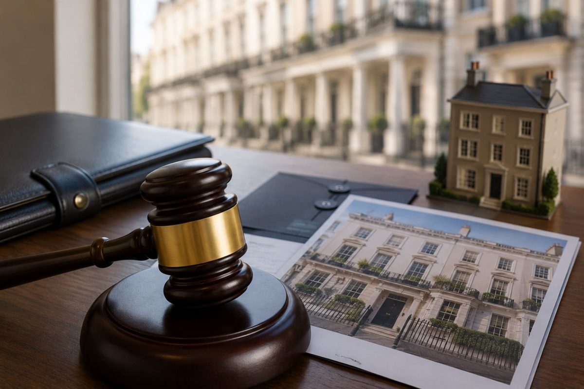 Auction gavel beside a London property listing, representing bridging finance for auction and off-market deals
