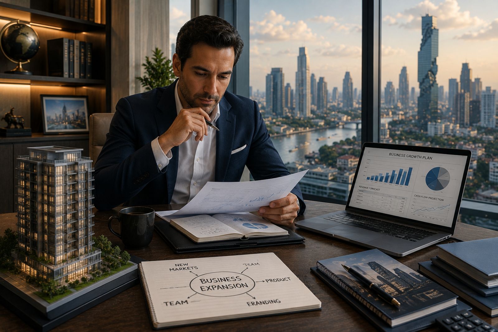 Entrepreneur reviewing business financing options backed by Thai property equity