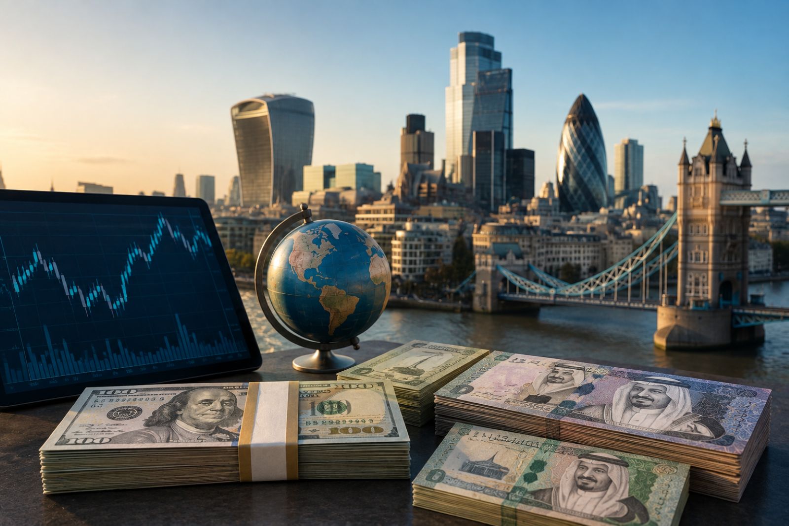 Currency exchange chart alongside a London skyline, representing currency timing for dollar and Gulf-currency property buyers