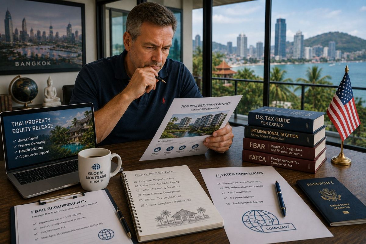 American property owner reviewing FBAR and FATCA compliance documents alongside Thai property equity release paperwork