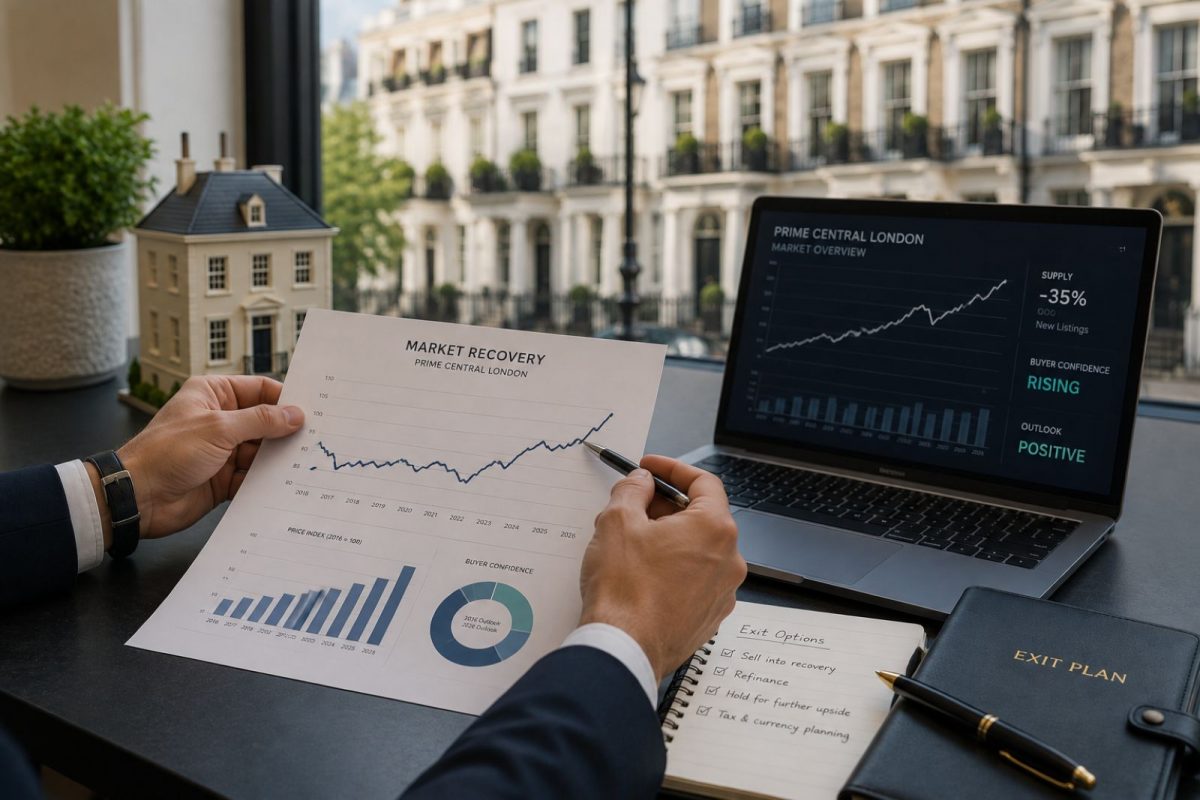 Prime London property owner reviewing market recovery data, representing exit planning strategy for a bridging or equity release facility
