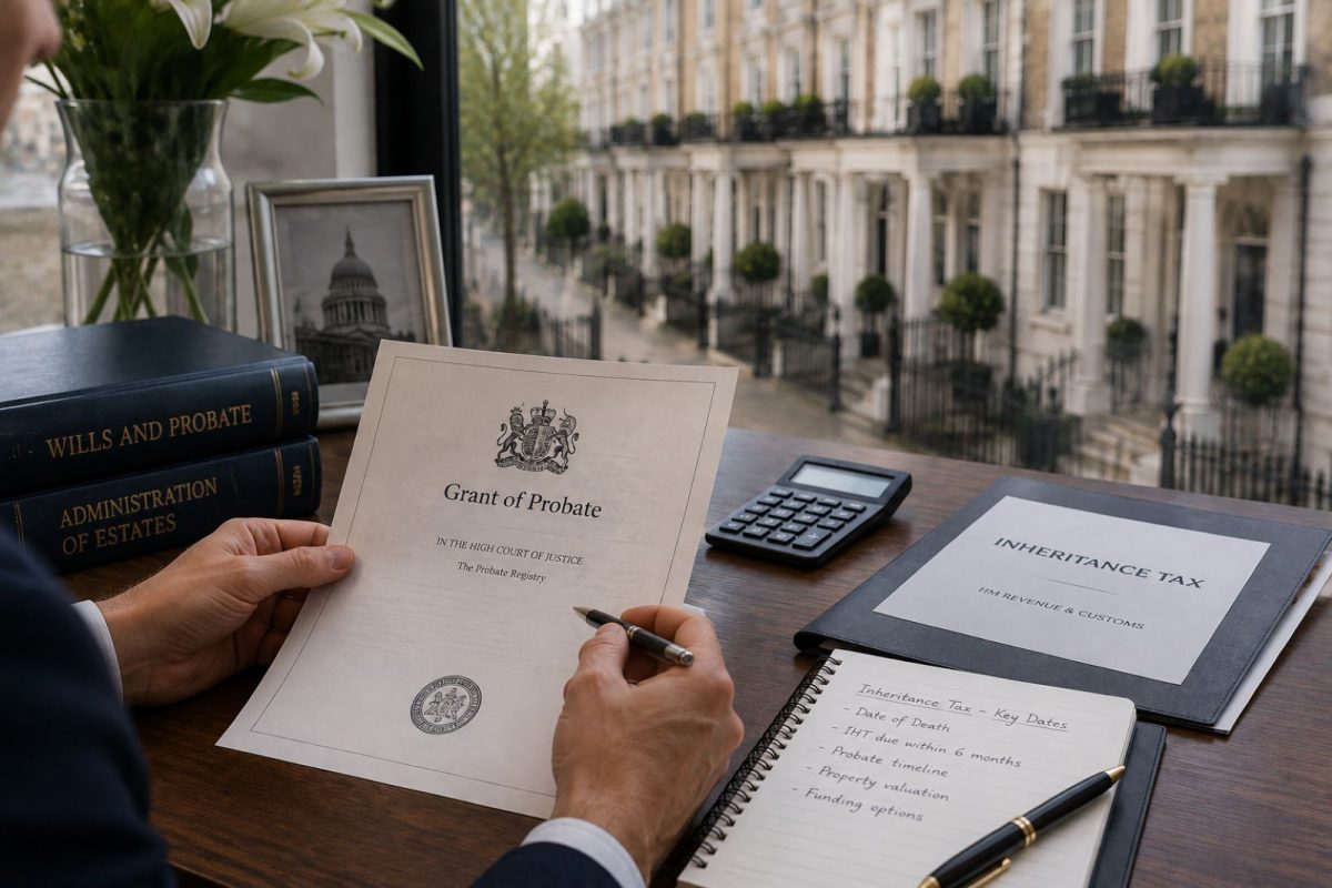 Executor reviewing probate documents beside a London property, representing inheritance tax bridging finance for UK property
