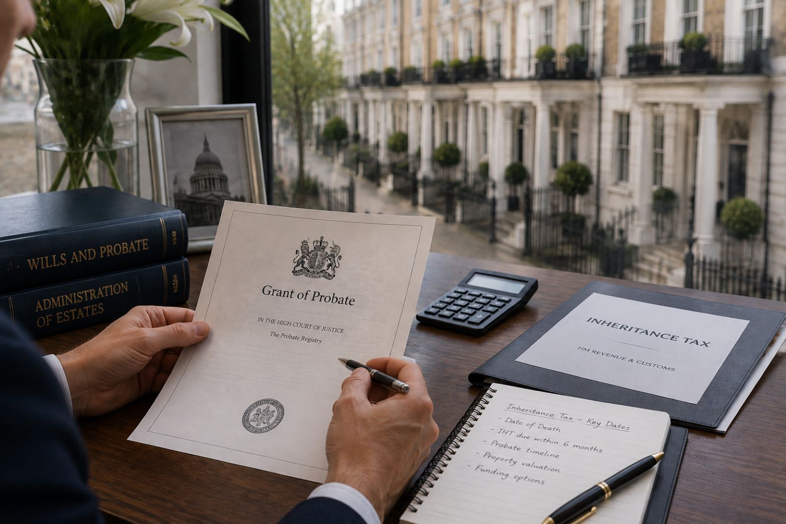 Executor reviewing probate documents beside a London property, representing inheritance tax bridging finance for UK property