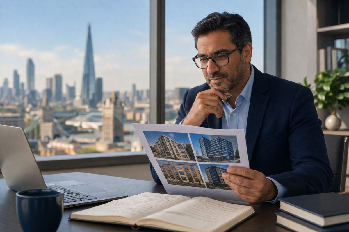 Overseas landlord reviewing a UK rental portfolio, representing consolidated buy-to-let refinancing