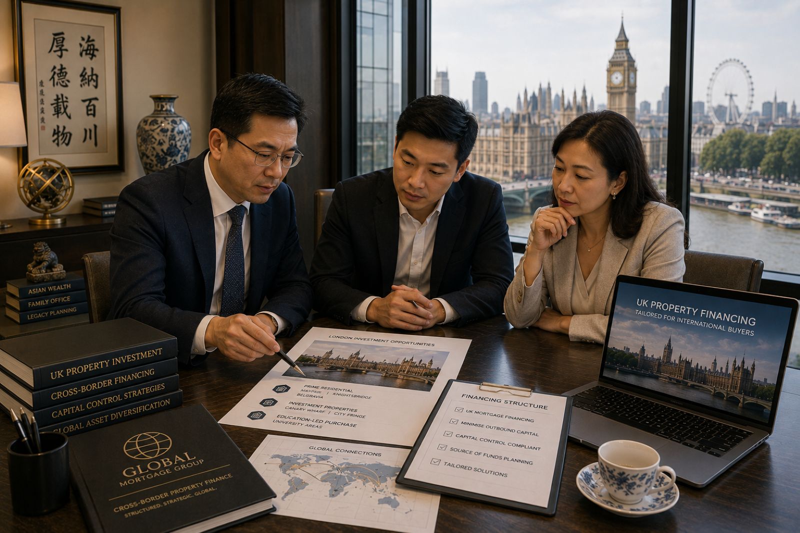 Chinese family reviewing UK property investment plans, representing mainland China buyer financing for UK property
