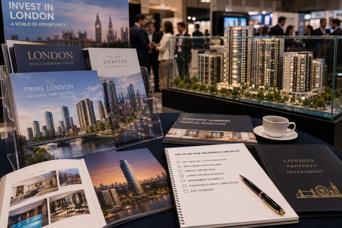 Overseas property exhibition brochures for a UK off-plan scheme, representing a buyer's framework for assessing off-plan developments