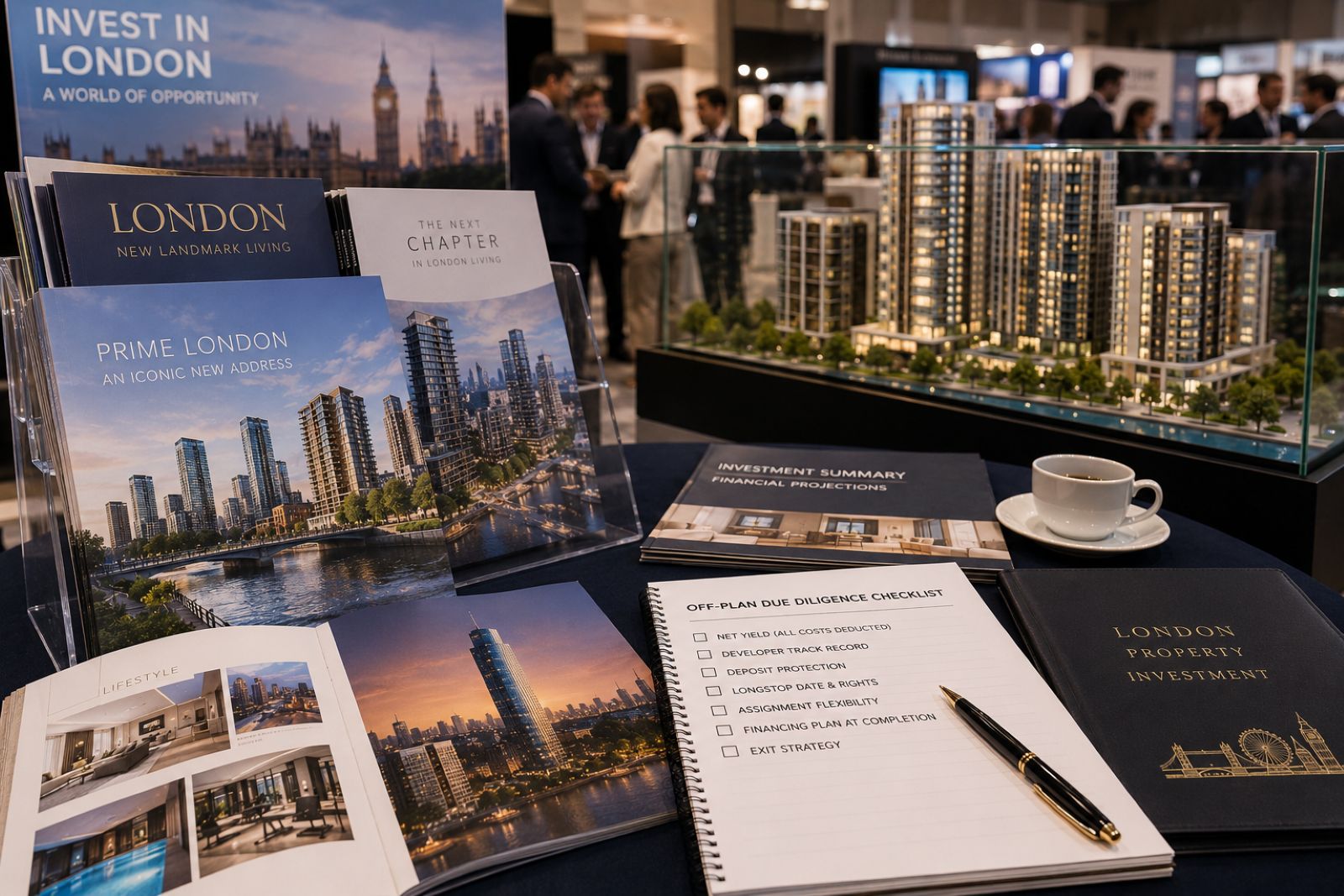 Overseas property exhibition brochures for a UK off-plan scheme, representing a buyer's framework for assessing off-plan developments