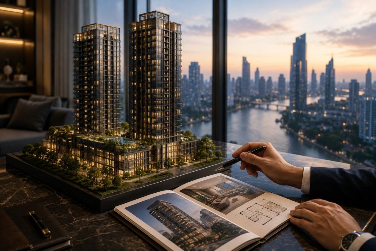 Architectural rendering of a premium Bangkok off-plan development representing developer payment plan financing