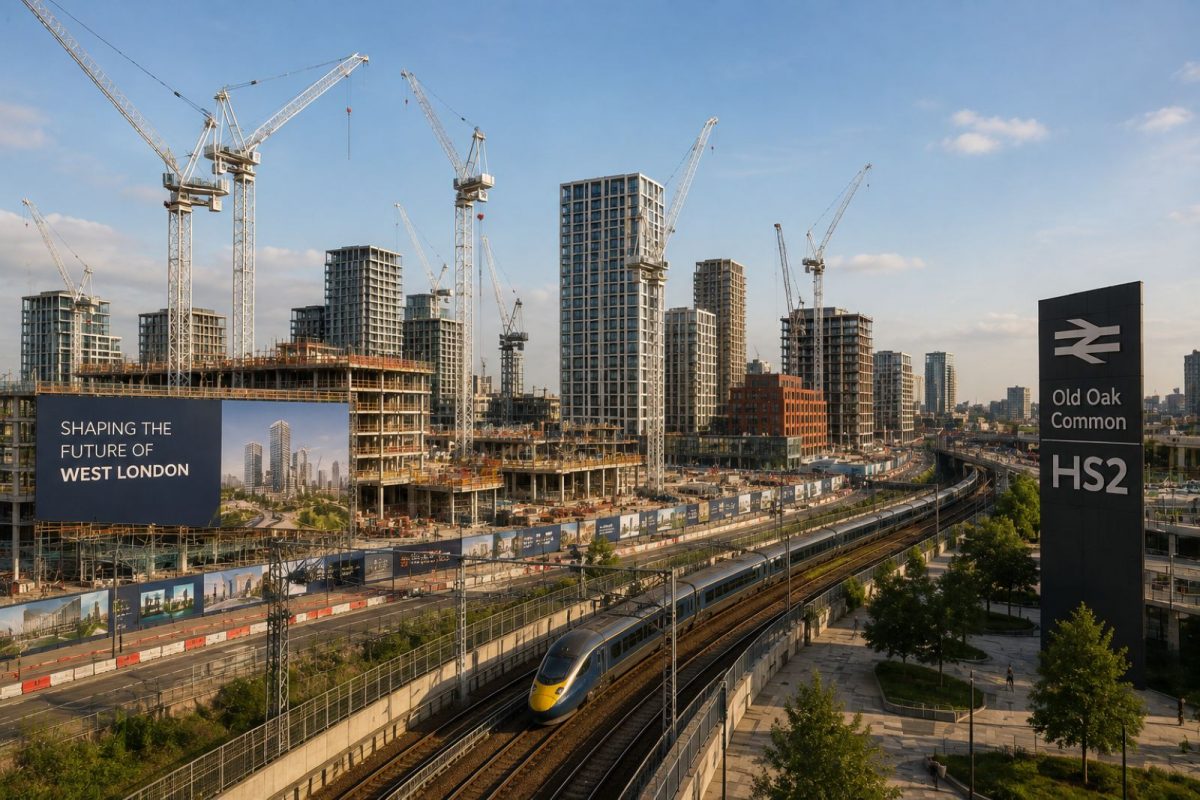 Old Oak Common construction site near HS2, representing outer-London regeneration financing for growth-story property purchases