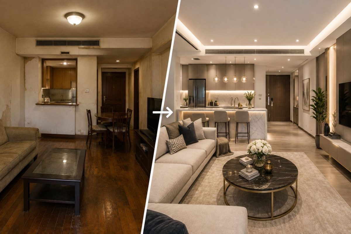 Before and after renovation of a Bangkok condominium unit representing value-add financing for Thai property