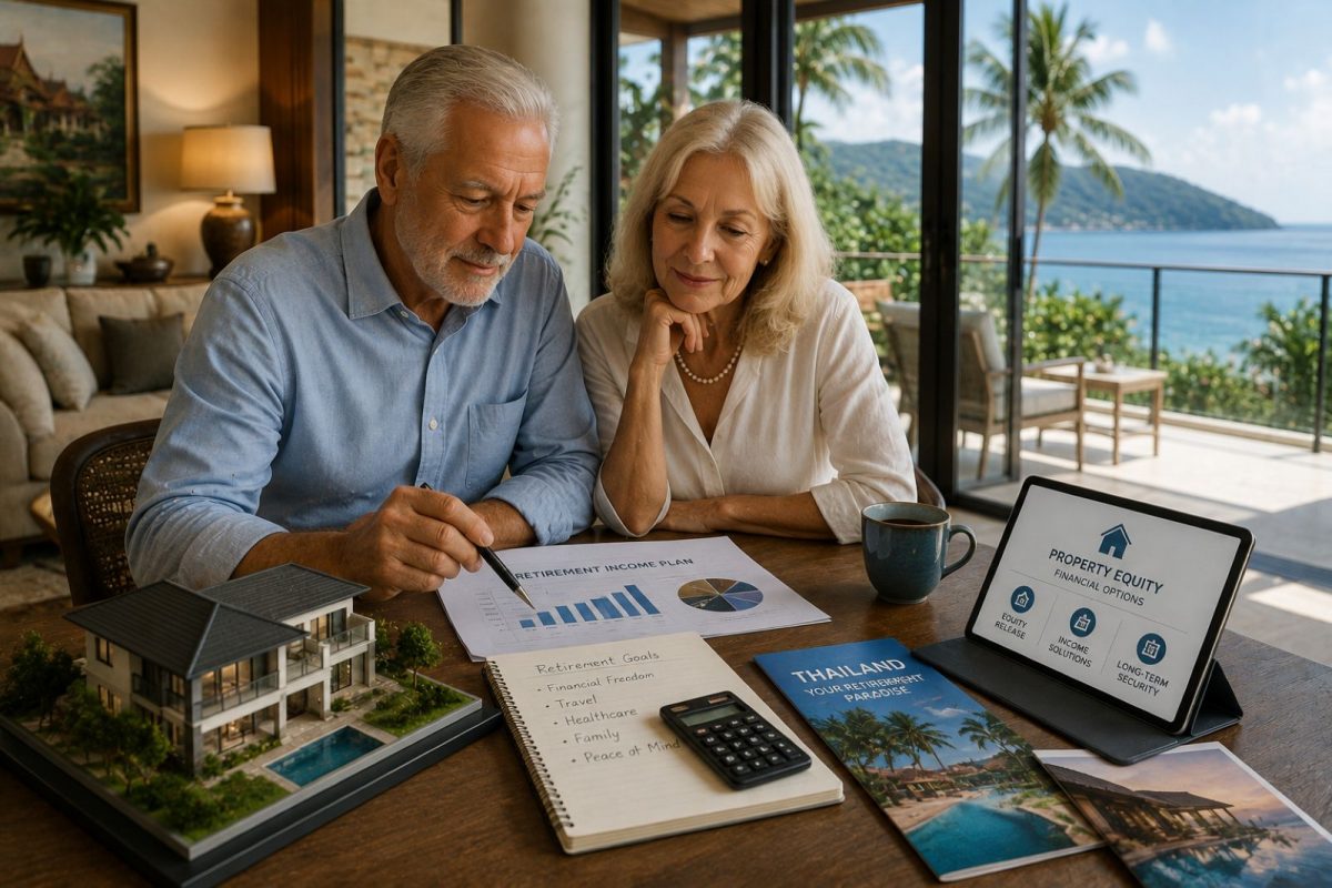 Retired foreign couple reviewing retirement income options from their Thai property equity