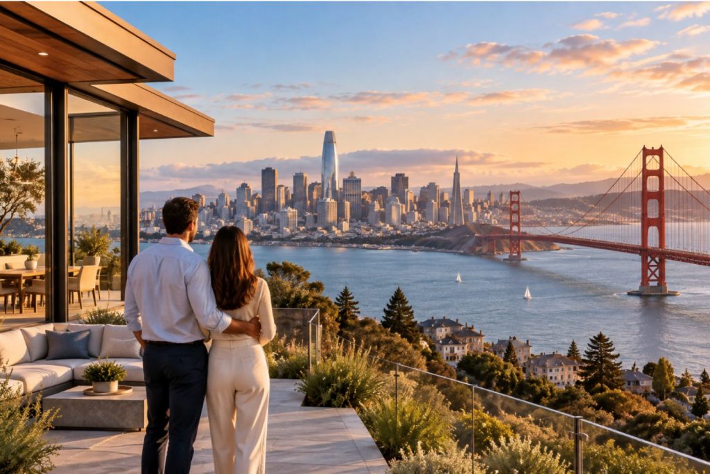 California homeowners viewing a luxury Bay Area property with the San Francisco skyline and Golden Gate Bridge in the background.